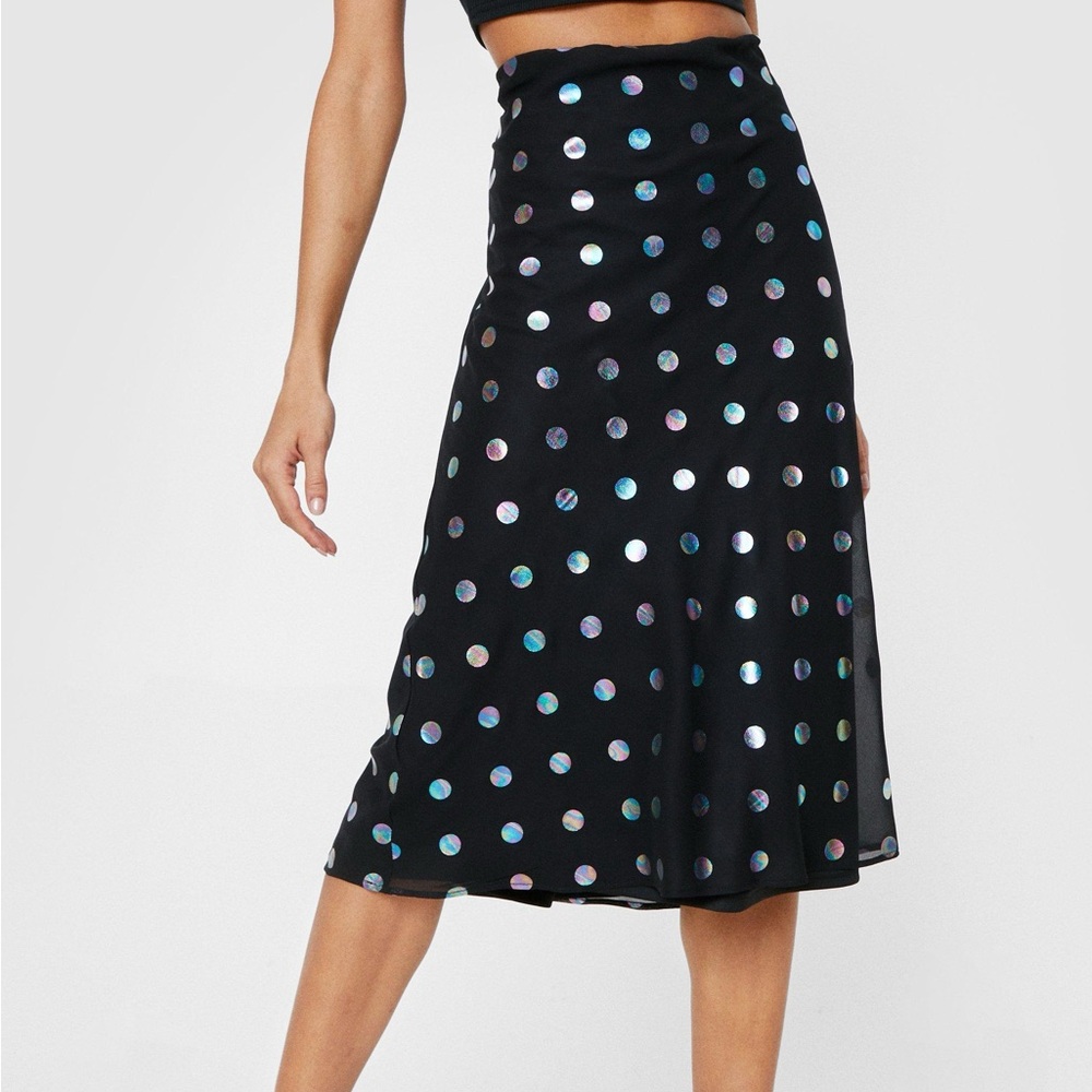 NWT Black flowy midi skirt with iridescent metallic polka dots
